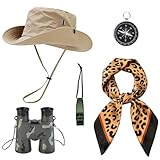 5 Pcs Women Safari Costume Set, Safari Cosplay Costume Adult with Bucket Hat Leopard Neck Scarf Binoculars Compass Whistle Safari Costume Accessories for Halloween Cosplay Party
