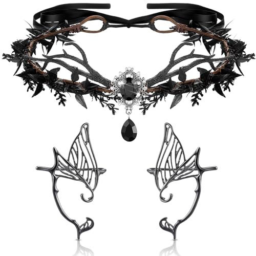 Kacctyen Halloween Fairy Leaf Headband Elf Ear Cuffs Elf Crown Cosplay Accessories for Women Halloween Pageant Wedding Prom(Black Classic Style)