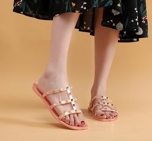 Image of Women Flats Sandals, Studded Jelly Shoes Size 9 Red Dressy Summer Beach Rivets Strappy Jellies Slide Slip On Open Toes