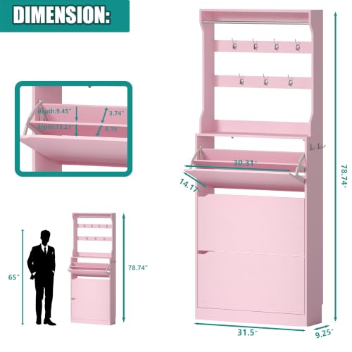 Image of Shoe Cabinet for Entryway with 3 Flip Drawers, Pink Tall Shoe Storage Cabinet with Coat Rack, Wood Narrow Slim Hidden Freestanding Shoe Rack Organizer, 2 in 1 Hall Tree for Living Room, Hallway