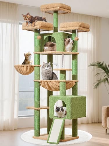 Image of Taoqimiao 76-Inch Cat Tree XXL for Large Cats, Giant Cat Tower with Scratching Board, Extra-Large Metal Hammock, 3 Perches, 7 Sisal Posts, 2 Big Condos, Hanging Basket, Cactus, MS047T