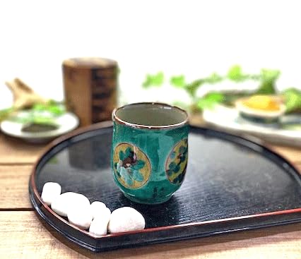 kutani hyakkaen kutani(yaki) ware tea cup marumon syouchikubai green feat.decorated base