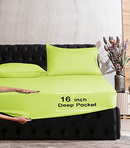Image of Mocassi Twin XL Sheet Set - Luxury Hotel 1800 Premier Bedding Sheets & Pillowcases - Ultra Soft Breathable & Cooling Bed Sheets - Deep Pocket - Wrinkle Resistant - 4 Piece Set - Twin XL, Lime