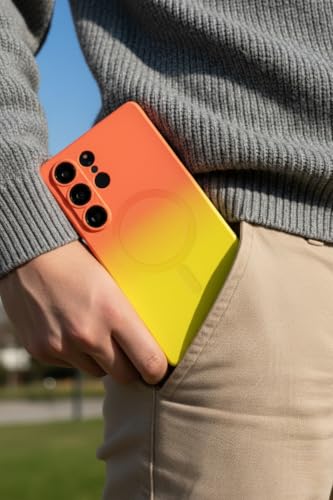 Image of amazon basics Gradient Mag-Safe Case for Samsung Galaxy S25 Ultra 5G | Soft Silicone Shockproof Cover with Camera Protection | Slim Lightweight Design | Smooth Touch & Durable - Orange & Yellow