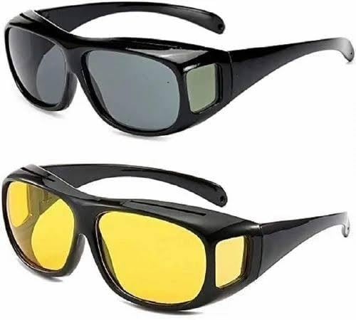 HD Vision Day & Night Unisex Goggles Anti-Glare Polarized Sunglasses Men/Women Driving Glasses UV Protection All Bikes & Car-Pack of 2 Goggles (Yellow/Black)-image-6