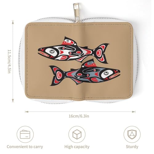 Women Leather Coin wallet, Key Change Organizer Zipper Card Holder Purse Clutch Pouch Pocket 4.5x3.15 in Print Salmon Fish Native American Style On Brown3