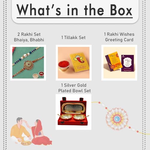 Image of CraftVatika Premium Rakhi Gift Brother | Rakhi for Brother with Gift Silver Gold Plated Bowl Set | Handmade Beads Metal Peacock for Men Boy Bro /Bhaiya /Bhai (2 Rakhi with Double Bowl) (Silver Gold)