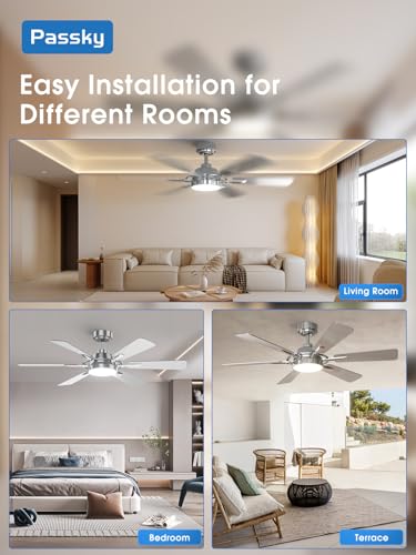Passky Ceiling Fans with Lights, 52 inch Nickel Ceiling Fan with Light and Remote Control, Reversible, Dimmable, 3CCT, Quiet, Ceiling Fan for Bedroom, Living Room, Indoor/Outdoor Use thumbnail 8