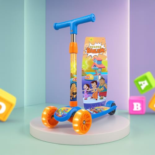 Image of Kidsmate Chhota Bheem Kick Scooter with Broad LED PVC Wheels | Non-Slip Wide Deck with Push Brake Kids Scooter for Age 3+ Yrs | 4-Level Height Adjustable | Max User Weight 50Kg - Blue