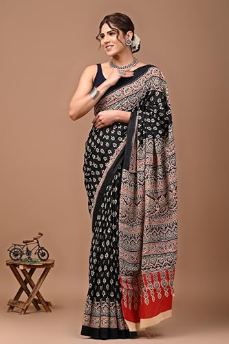 Image of Crafts Moda Hand Block Ajrakh Print Cotton Saree for women with Blouse | Soft comfortable wear sari