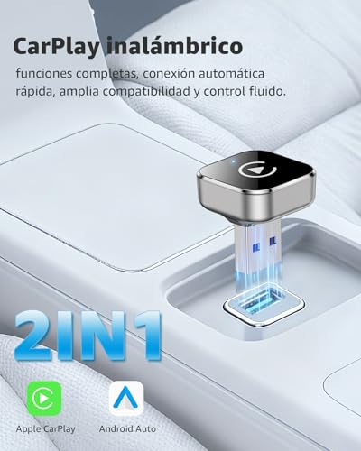 Miniatura 2 de Adaptador CarPlay Inalámbrico y Android Auto, Mini Convertidor USB-A/USB-C Plug & Play, de Cable a Inalámbrico, WiFi 2.4GHz/5GHz, Conexión Automática, para Coches con CarPlay, Plata