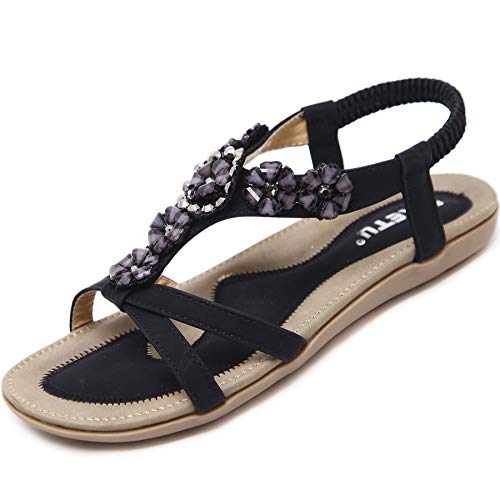 Acfoda Offene Sandalen Damen Sommer mit Blumen Strass Flach Bohemian Sandaletten Frauen mit Weiches Fußbett, 41 EU, F Schwarz