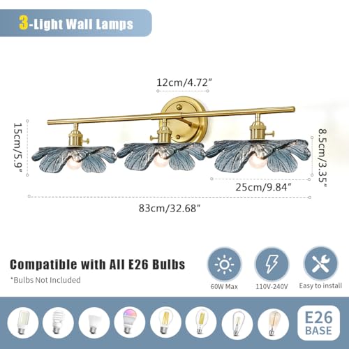 Image of Vintage Bathroom lighting fixtures Gold Brass Bathroom Vanity Light 3-Light Modern Wall Sconce Indoor Wall Light with Blue Glass flower Shade Mid Century Wall Lighting for Bedroom Hallway Living Room