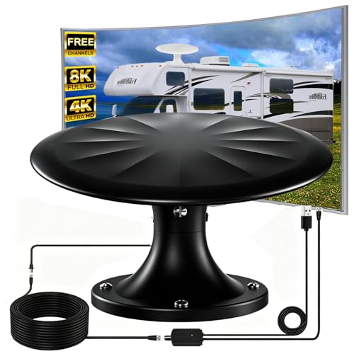 GZMJRD RV TV Antenna Roof Mounted Outdoor, Portable RV Antenna for Camper, 720° Long Range Omni Directional Reception Digital HD Antenna Signal, with Super Signal Booster, 35ft HDTV Cable (BLACK1)