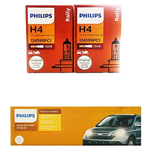 PHILIPS Rally H4 Headlight Bulb, 130/100W, 2 Bulbs and 12003XM H4 Heavy Duty Relay Wiring Kit for High Power