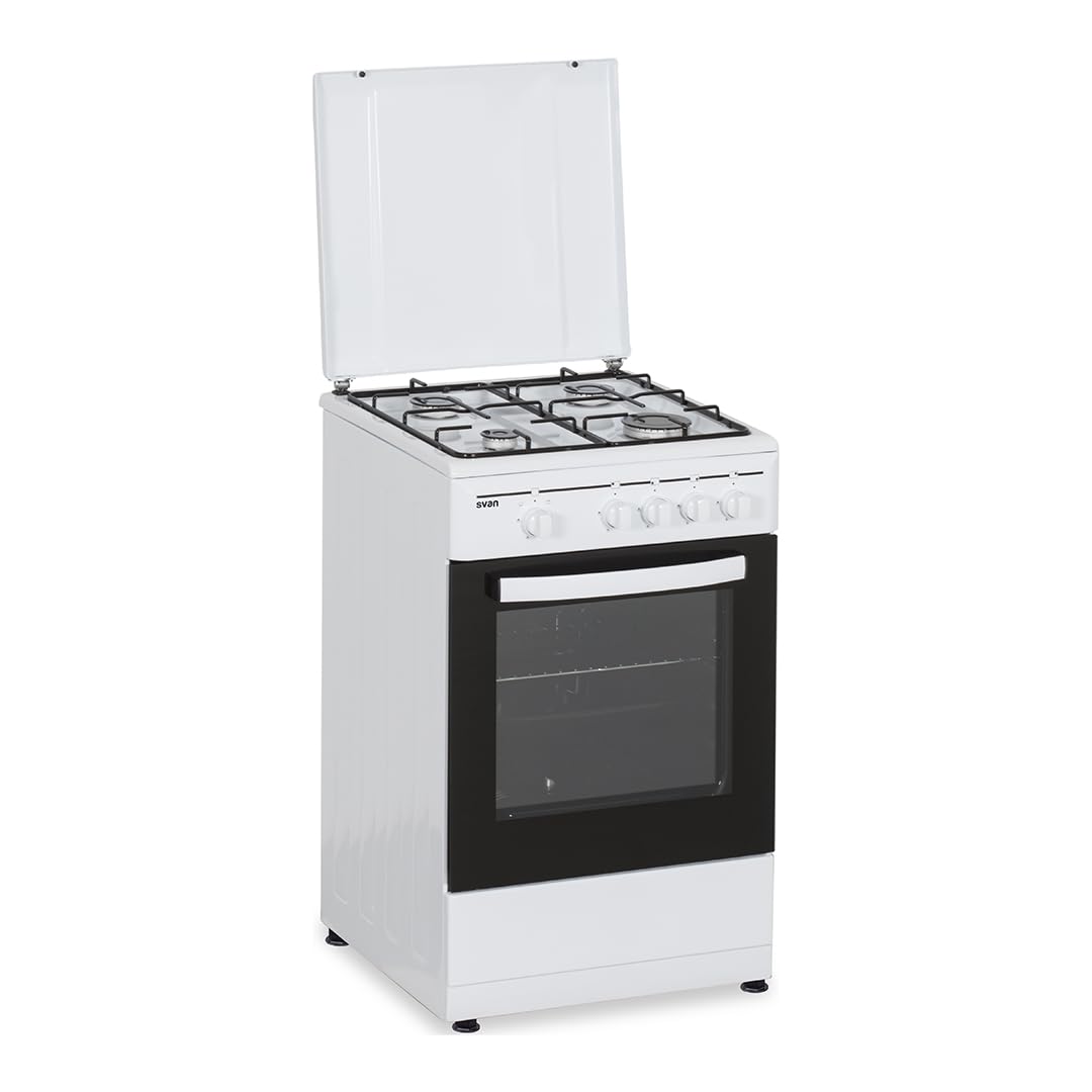 Svan Cocina Gas Butano, 4 Zonas de Cocción, Horno 43L, Blanco, OKG45MW00. Control Manual, 2 Programas de Cocción, Cristal en Puerta de Doble Capa, Tapa Abatible Metálica
