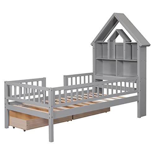 Twin House Bed With Bookcase Headboard And Storage Drawers, Montessori Bed Twin Platform Bed With Fence Guardrails, Solid Wood Playhouse Bed Frame For Kids Teens Girls Boys (Twin Size, Gray) #TOP5