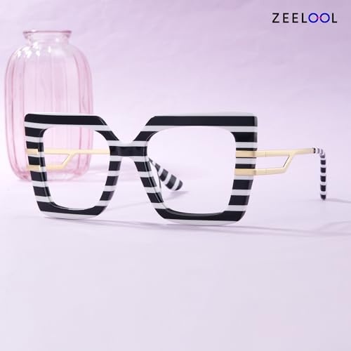 Image of Zeelool Oversized Blue Light Glasses for Woman Black White Stripe Square Eyeglasses Fashion Computer Eyewear Anti Eyestrain Poutine JGX444789-10B