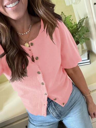 Image of Saodimallsu Womens Puff Short Sleeve Cardigan Lightweight Summer Button Down Shirts Knit Crew Neck Sweater Tops