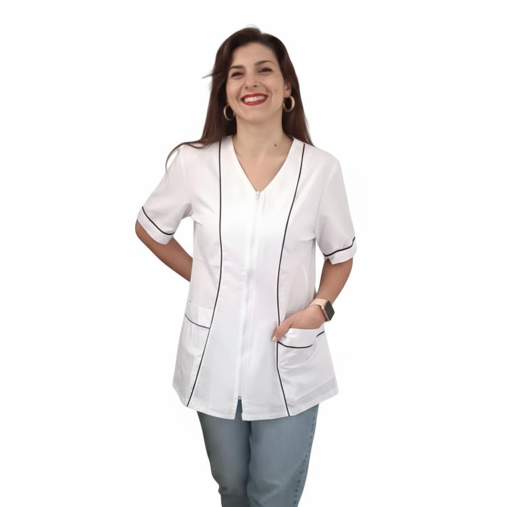 Casacca, Camies de travail pour femme avec fermeture éclair, blanc, coton, esthéticienne, coiffeur, Maître maternelle, épicerie, Blanc avec ligne