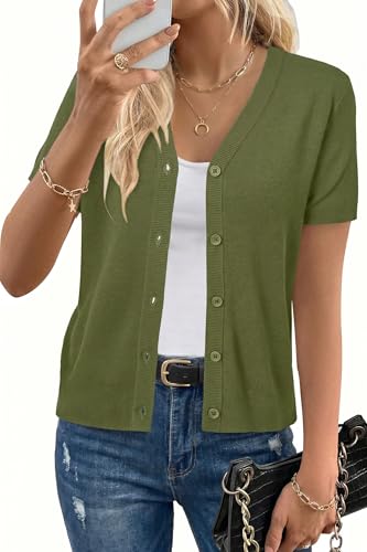 Image of Arach&Cloz Women's Wool Blend Short Sleeve Lightweight Cardigan Business Casual Summer Sweaters Tops