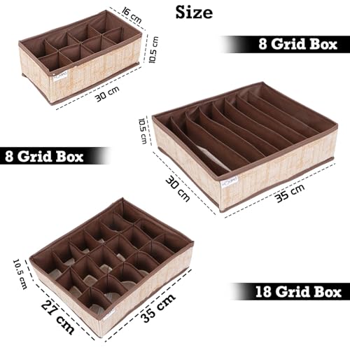Image of HOKIPO Fabric Undergarment Clothing Organizer Storage Box for Drawers Bra Panty Socks Tie Lingerie Organizer for Wardrobe, 3 Pcs-8+8+18 Grids (NEW-333 + 334 + 335), Brown