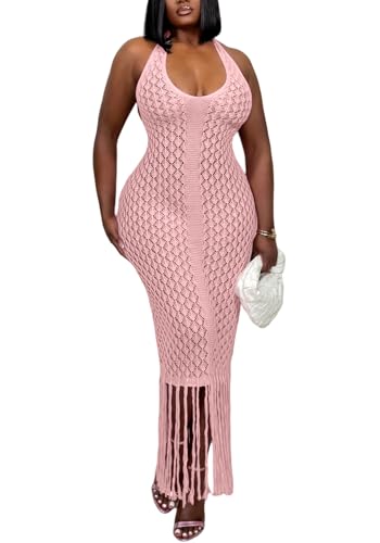 Tcremisa Womens Crochet Knit Maxi Dress Halter Backless Fringe Long Bodycon Dresses Summer Vacation Beach Cover Ups