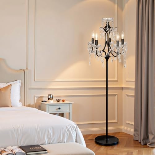 Homnebila Modern 5-Light Crystal Floor Lamp with Black Finish, Dimmable, 65' Tall, Foot-Operated...
