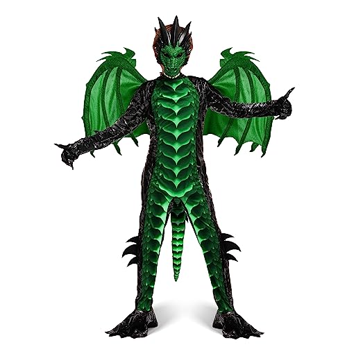 Spooktacular Creations Child Green Dragon Costume, Boys Dragon Wings, Tail and Mask Set for Halloween Dress Up (Small(5-7 yrs))