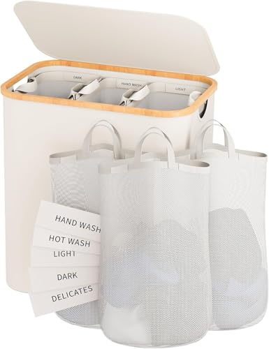 Laundry Hamper with Lid, 160L Dirty Clothes Hamper for Laundry Basket 3 Section, Extra Large Laundry Sorter Hamper 3 Compartment with Removable Inner Bags & Labels, Beige
