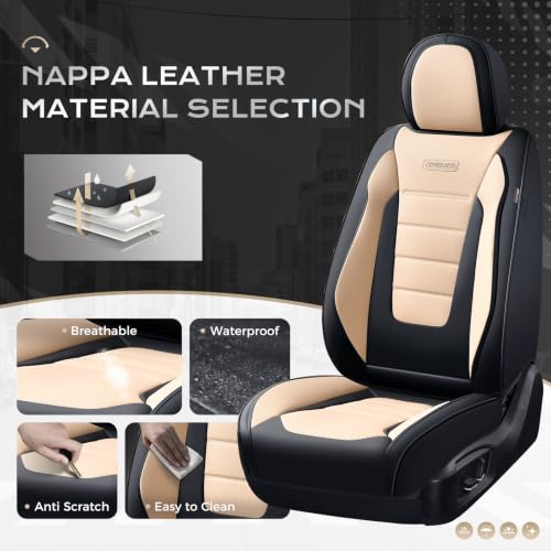 Image of Coverado Car Seat Covers Full Set, Nappa Leather Seat Covers for Cars, Car Seat Protector Car Seat Cushion, Front and Back Seat Protectors Cushions Universal Fit for Most Cars Vehicles(Black&Beige)