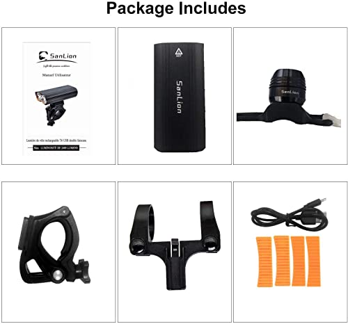 Lumière Vélo, SanLion Éclairage Vélo avec 360° Rotatif de Support, Lampe Vélo USB LED Puissante Rechargeable, 2400 Lumens, Multi Modes d'éclairage, Antichoc Impermeable IP65 - Image 7