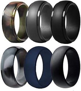 Silicone Wedding Ring for Men, 6 Pack Breathable Silicone Rubber Wedding Bands Thin Silicone Ring - 8.7 mm Wide( Camo ,Blue,Dark Grey,Black) (Camo ,Blue,Dark Grey,Black, Size 9 - (18.95 mm))
