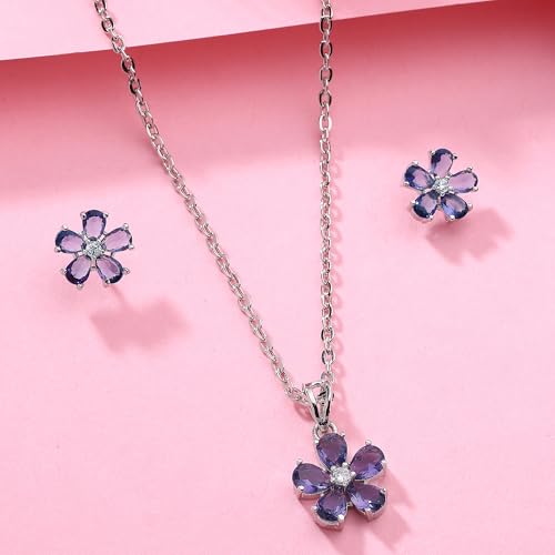 Image of ZENEME Rhodium Plated Silver Toned American Diamond Studded Floral Shaped Pendant Chain With Earrings Jewellery Set For Women And Girls