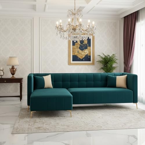 Image of SOCOZI Stylluxe 6 Seater Velvet Fabric LHS L Shape Sofa Set for Living Room |Fabric L Shape Sofa Set for Home & Office (Green Teal)