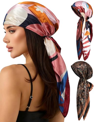 AWAYTR Pretied Head Scarf for Women - 2 Pack Chemo Patients Headwear Cancer Hair Loss Scarf Head Wrap Cover Hat Turban Cover (Floral: Brown+Red)