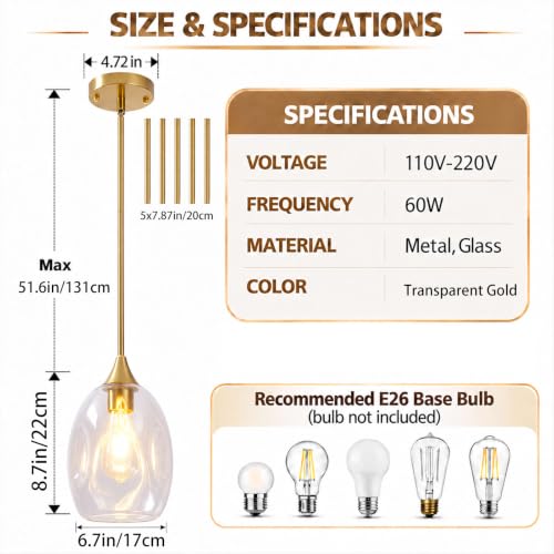 Modern Pendant Lights for Kitchen Island 2 Pack, Ceiling Hanging Pendant Light with Clear Thick Glass Shade & Aluminum Iron Frame, Adjustable Cord, Lighting Fixture for Dining Room, Bedroom, Entryway - image 4