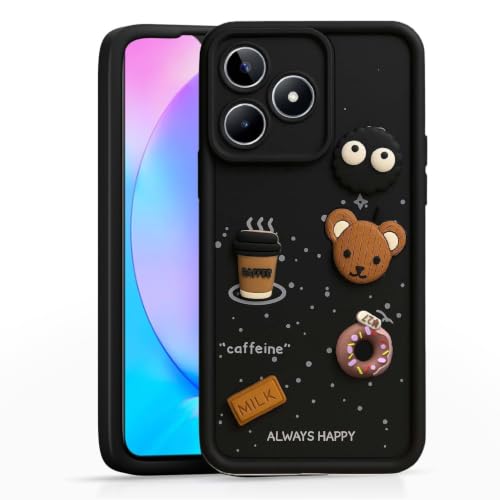 Image of Bintage Cute Fun Taddy Cartoon 3D Ball Bear Milk Donut Coffee Cup Silicon Case Full Body & Camera Protection Back Cover Compatible for Realme C53 - Black