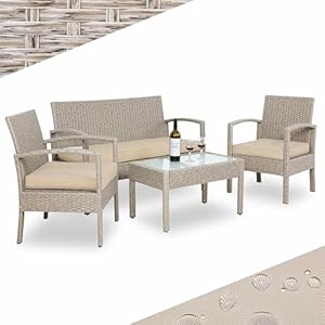 Casaria® Gartenmöbel Set Wetterfest 4 Personen Outdoor inkl. Auflagen Polyrattan 2 Sessel Gartenbank Tisch Garten Terrasse Balkon Möbel Lounge Creme