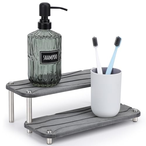 Image of Segbeauty 2 Tier Fast Drying Diatomaceous Earth Tray, 11x4.3in Water Absorbing Stone Drying Vanity Tray for Countertop, Bathroom Counter Rack Kitchen Sink Organizer Dish Soap Sponge Holder Dark Gray