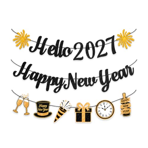 Happy New Year Banner – Pre-Strung Black Gold...