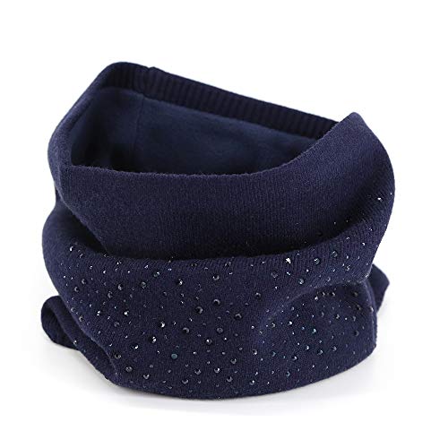 Knitted Neck Warmer Fleeced Wool Tube Soft Feeling with Matched Color Crystal Outside for Elites Ladies Dark Navy