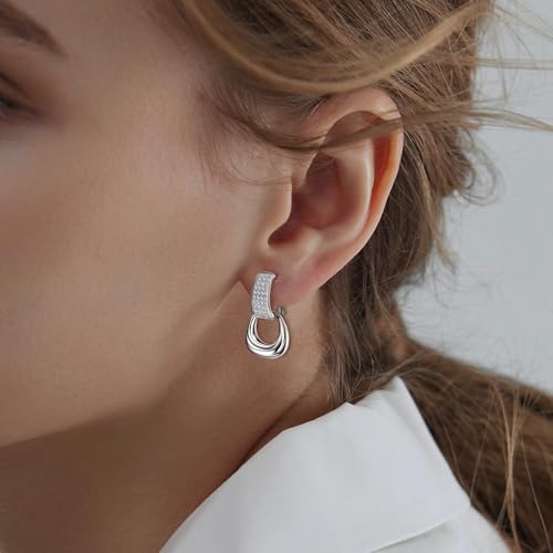 Silver Chunky Hoop Earrings for Women - Sterling Silver Heavy Thick Hoop Dangle Earrings Trendy Hypoallergenic Cubic Zirconia Loop Dangling Jewelry Fashion Gifts3