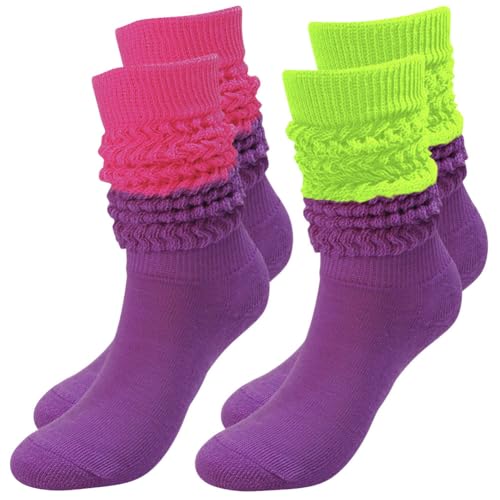 Image of 2 Pairs 80s Neon Women's Slouch Socks Extra Long Knit Scrunch Socks Heavy Thick Scrunchie Socks Size 9 to 11