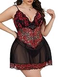 Alrovetoney Sexy Plus Size Outfits For Curvy Women Sexy Mesh Short Nightdress Strappy Exotic Sleepwear Short Black Red 5XL