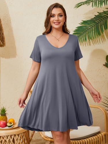 Image of ZENNILO Women's Plus Size Swing Dress with Pockets Casual Summer Dresses V Neck Short Sleeve T Shirt Dress for Women