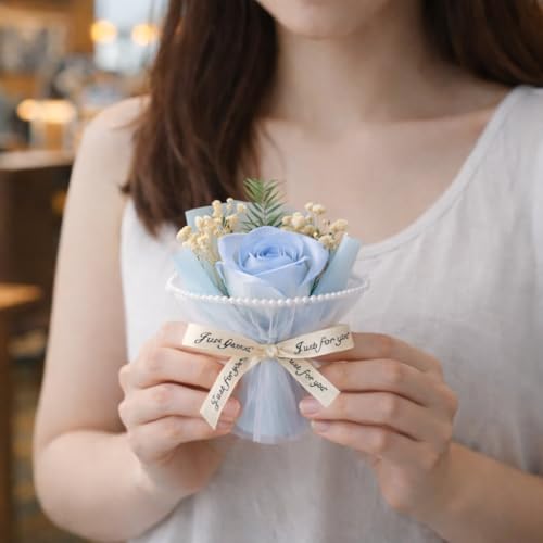 Image of Mini Artificial Rose Bouquet for Gifting, Preserved Flower with Pearl Wrap & inchJust for You inch Ribbon, Small Gift Valentine, Anniversary, for Mom, Proposal, Home Decor (Blue)