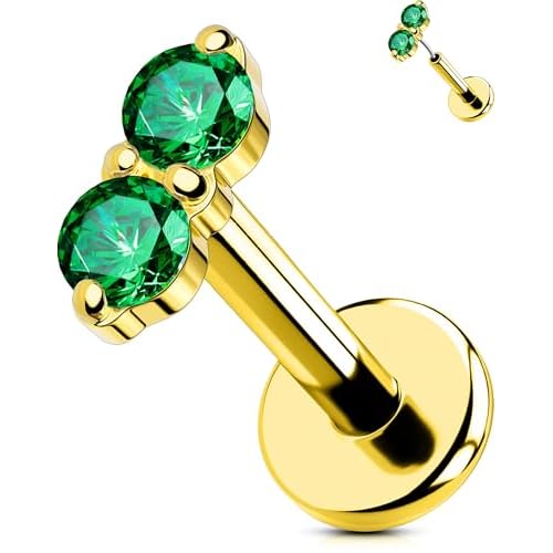 OUFER 16G Cartilage Piercing Jewelry, 316L Stainless Steel & Gold Flat Back Helix Earrings, 2MM CZ Threadless Tragus & Lip Studs for Women Men, 6MM & 8MM, Multiple Colors 16g 8mm Gold_Green