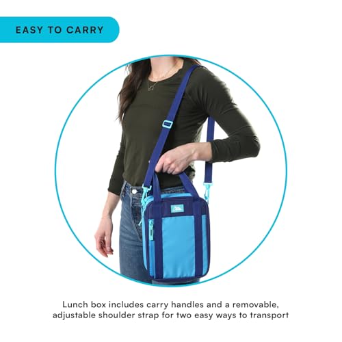 Image of Arctic Zone Urban Kids Lunch Box Combo with Ice Pack and Strap, True Blue | Kids lunch box with reusable gel ice pack and sandwich container, 2 compartment insulated cooler for school or travel lunch
