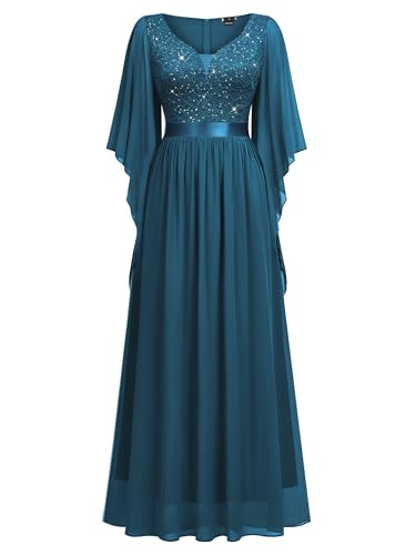 Image of Miusol Women's Deep-V Neck Lace Contrast Sequin Formal Evening Maxi Dress